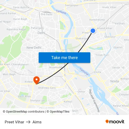 Preet Vihar to Aims map