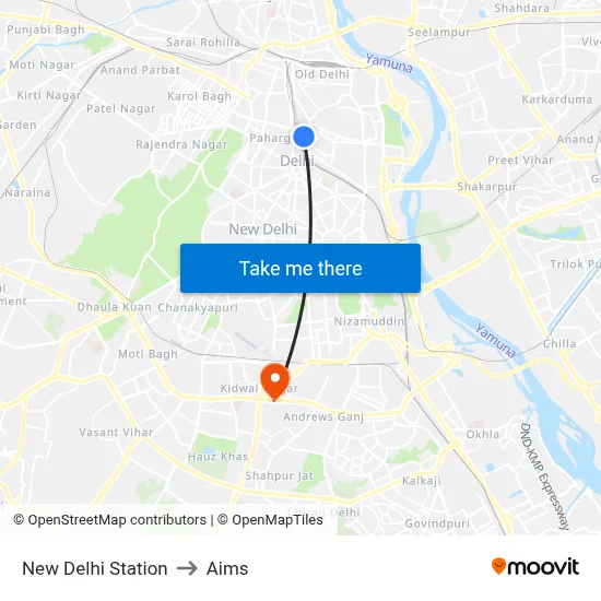 New Delhi Station to Aims map
