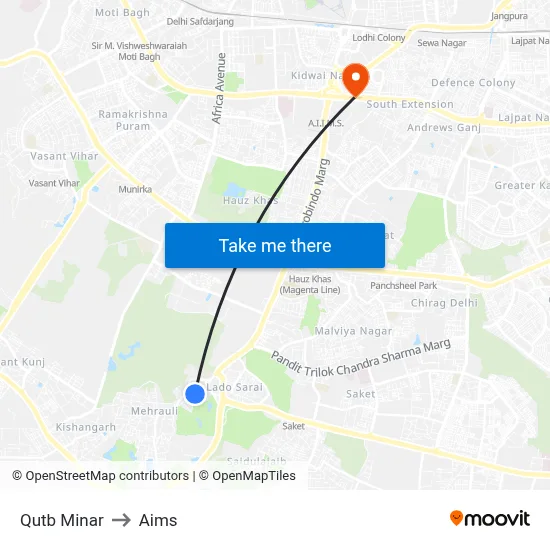 Qutb Minar to Aims map