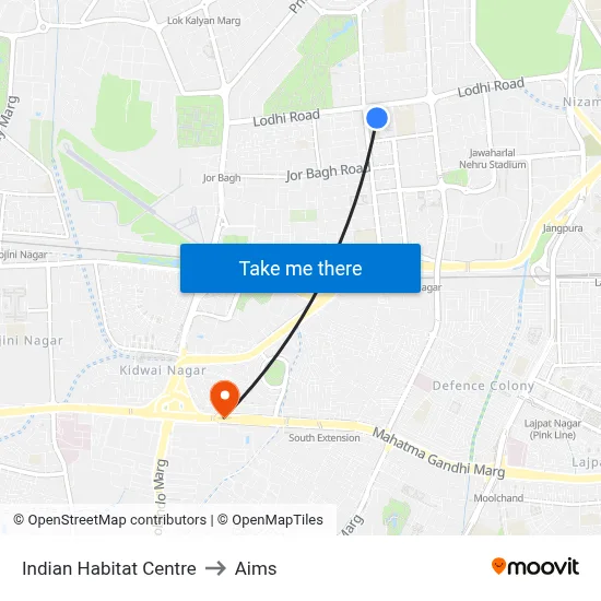 Indian Habitat Centre to Aims map