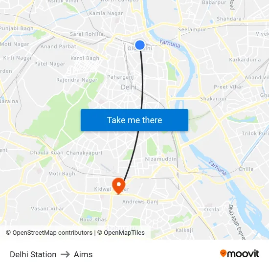 Delhi Station to Aims map