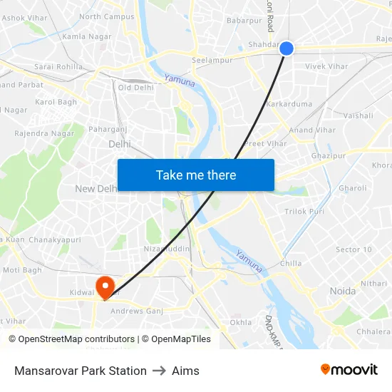 Mansarovar Park Station to Aims map