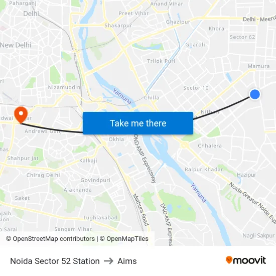 Noida Sector 52 Station to Aims map