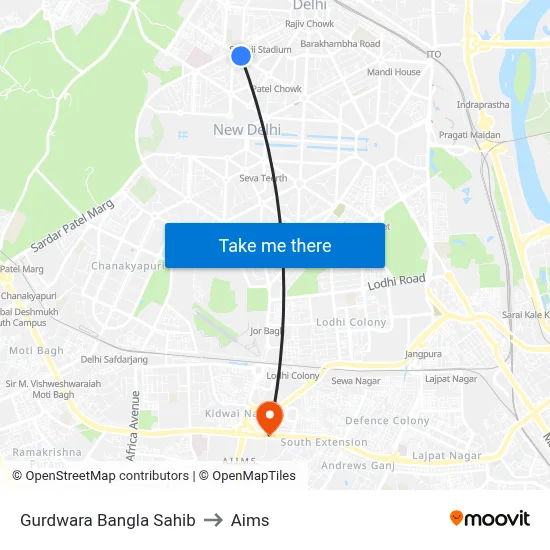 Gurdwara Bangla Sahib to Aims map