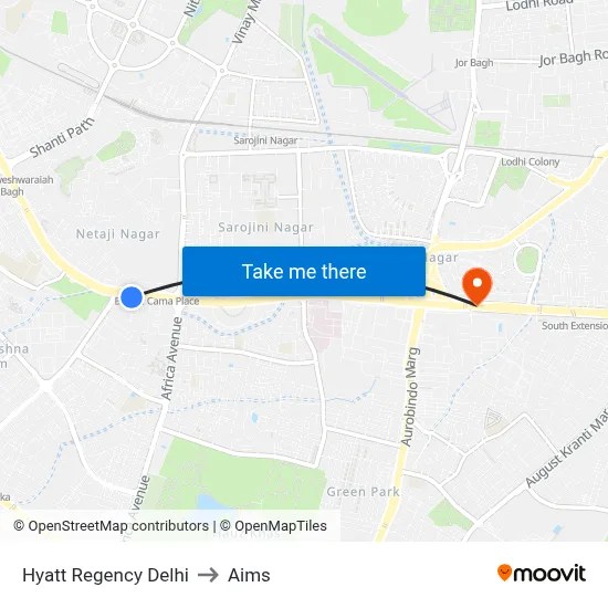 Hyatt Regency Delhi to Aims map