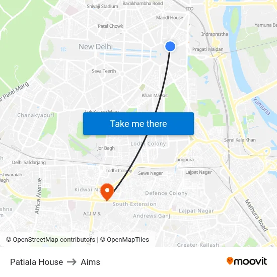 Patiala House to Aims map