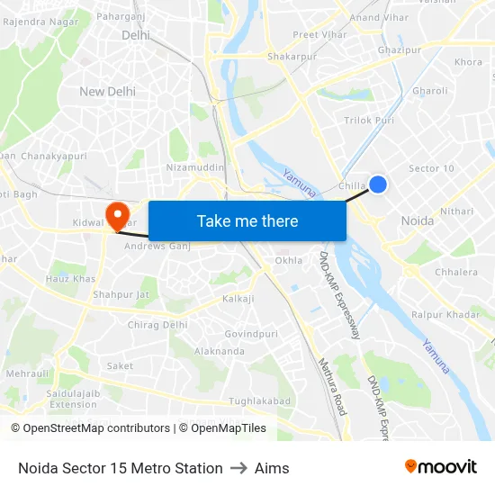 Noida Sector 15 Metro Station to Aims map