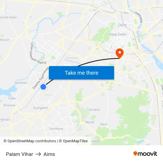 Palam Vihar to Aims map