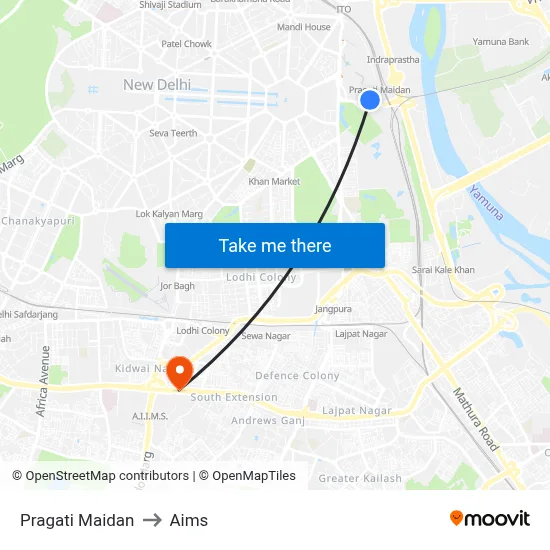 Pragati Maidan to Aims map