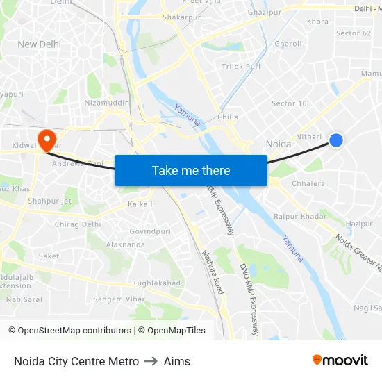 Noida City Centre Metro to Aims map