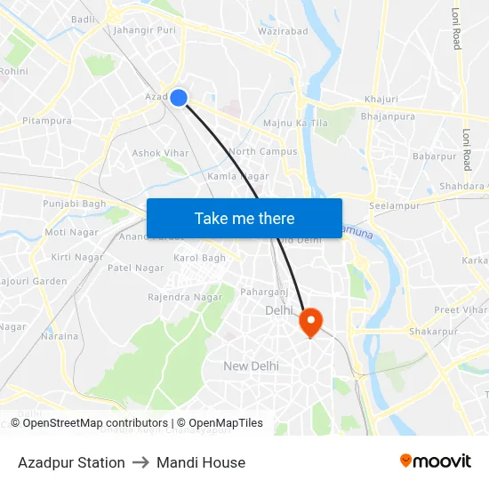 Azadpur Station to Mandi House map