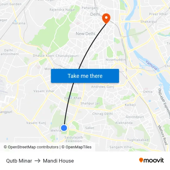 Qutb Minar to Mandi House map