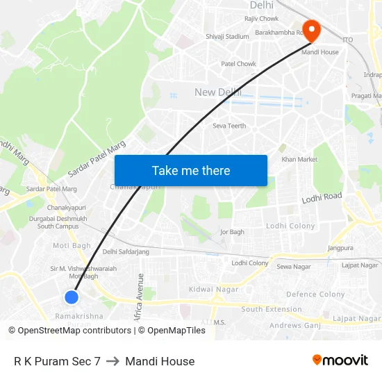 R K Puram Sec 7 to Mandi House map