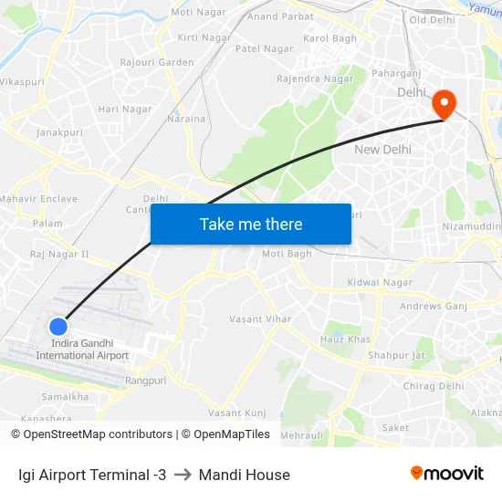Igi Airport Terminal -3 to Mandi House map