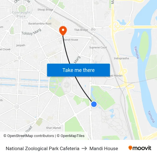 National Zoological Park Cafeteria to Mandi House map