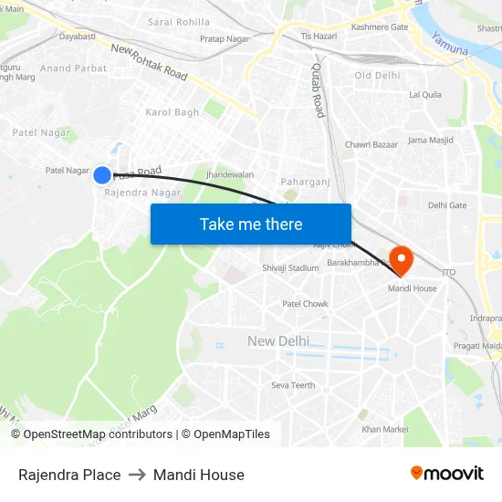 Rajendra Place to Mandi House map