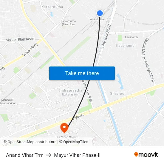 Anand Vihar Trm to Mayur Vihar Phase-II map