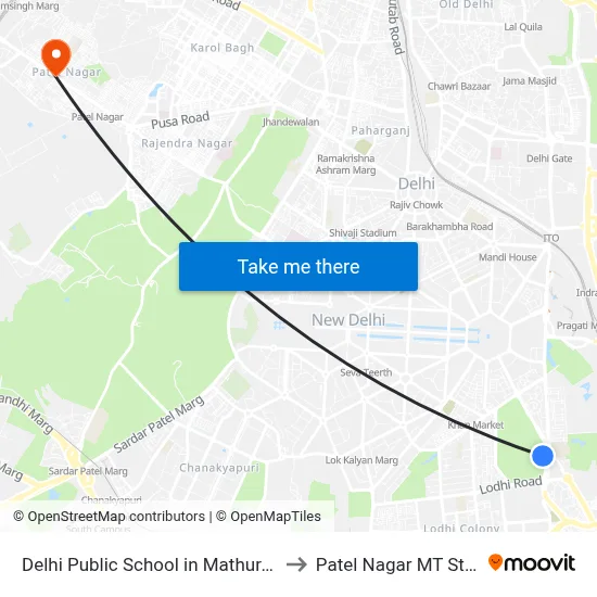 Delhi Public School in Mathura Road, Dr. Zakir Hussain Marg, Delhi Golf Club, Golf Links, New Delhi to Patel Nagar MT Station map