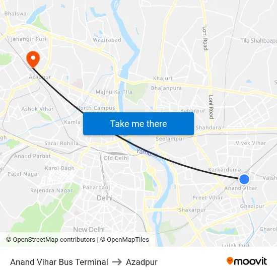 Anand Vihar Bus Terminal to Azadpur map