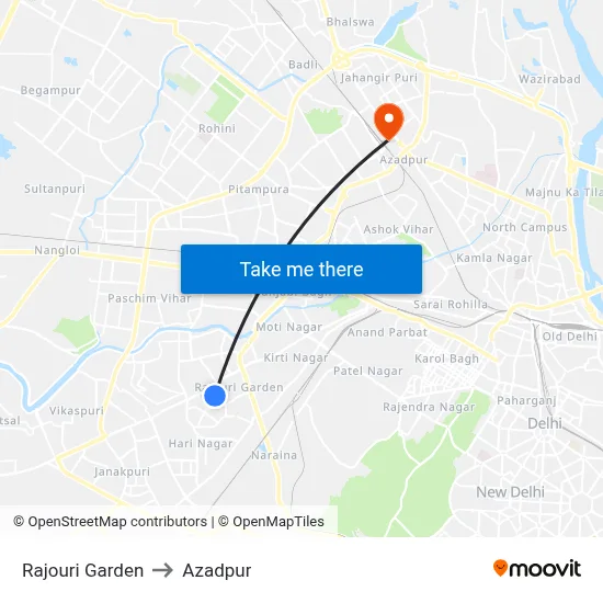 Rajouri Garden to Azadpur map