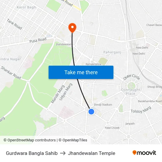 Gurdwara Bangla Sahib to Jhandewalan Temple map