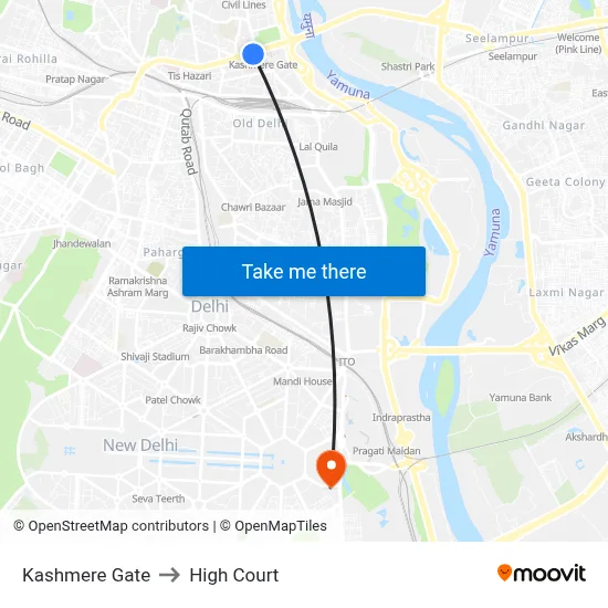 Kashmere Gate to High Court map
