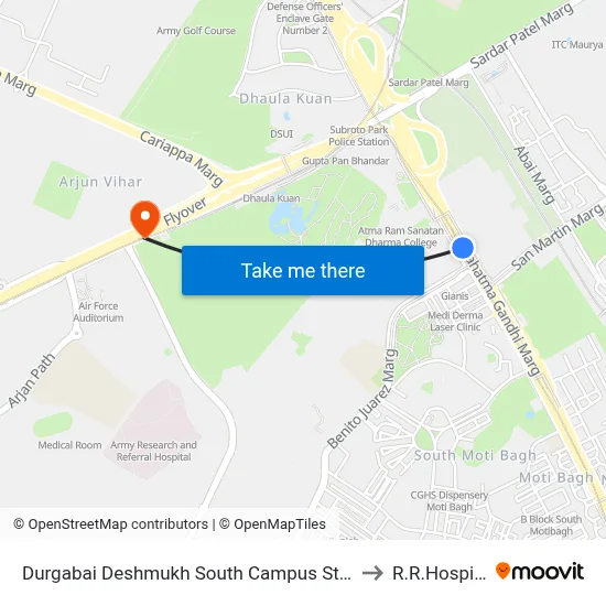 Durgabai Deshmukh South Campus Station to R.R.Hospital map