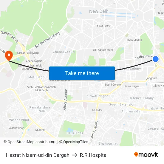 Hazrat Nizam-ud-din Dargah to R.R.Hospital map