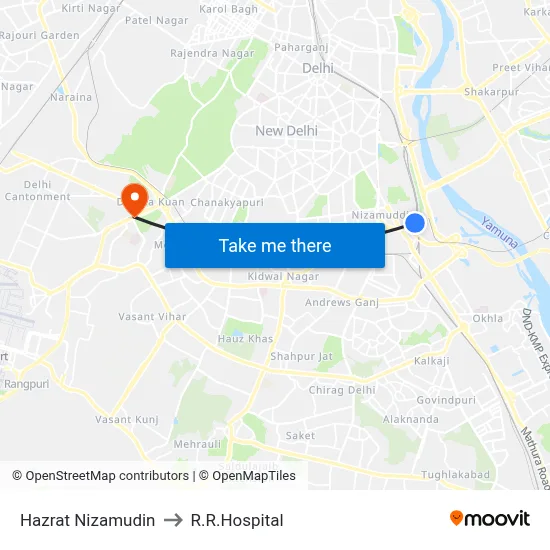 Hazrat Nizamudin to R.R.Hospital map