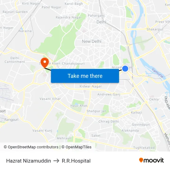 Hazrat Nizamuddin to R.R.Hospital map
