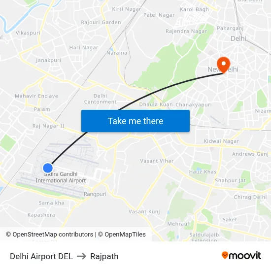 Delhi Airport DEL to Rajpath map