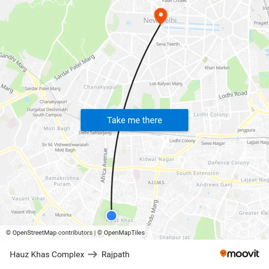 Hauz Khas Complex to Rajpath map