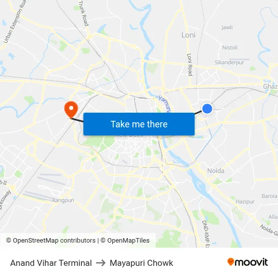 Anand Vihar Terminal to Mayapuri Chowk map