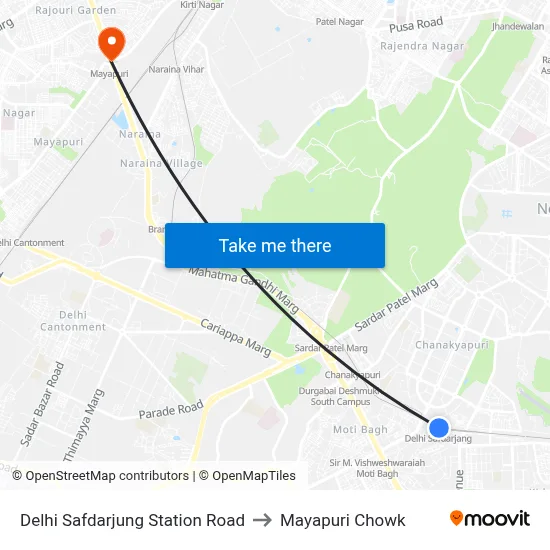 Delhi Safdarjung Station Road to Mayapuri Chowk map
