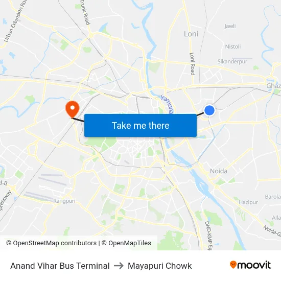 Anand Vihar Bus Terminal to Mayapuri Chowk map