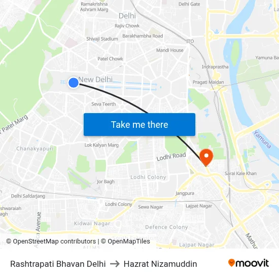 Rashtrapati Bhavan Delhi to Hazrat Nizamuddin map