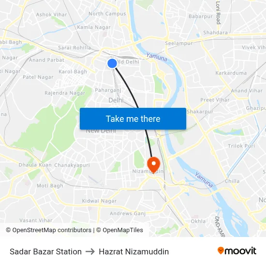 Sadar Bazar Station to Hazrat Nizamuddin map