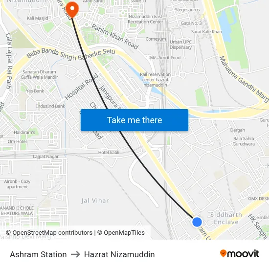 Ashram Station to Hazrat Nizamuddin map