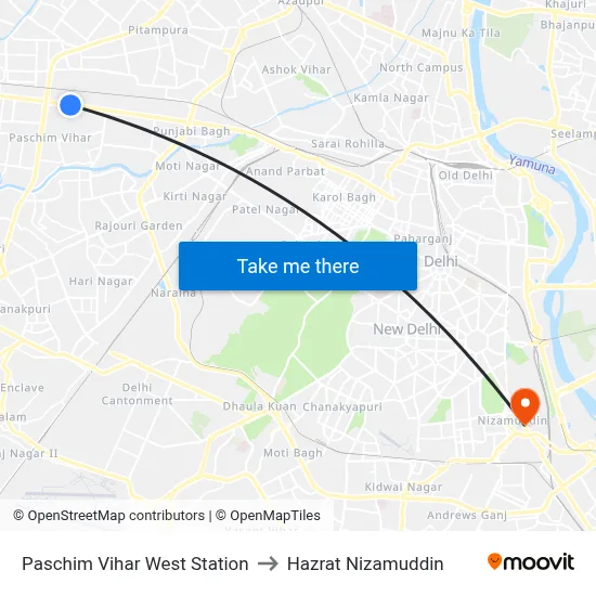 Paschim Vihar West Station to Hazrat Nizamuddin map
