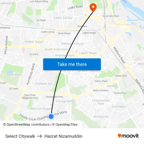 Select Citywalk to Hazrat Nizamuddin map