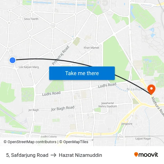 5, Safdarjung Road to Hazrat Nizamuddin map