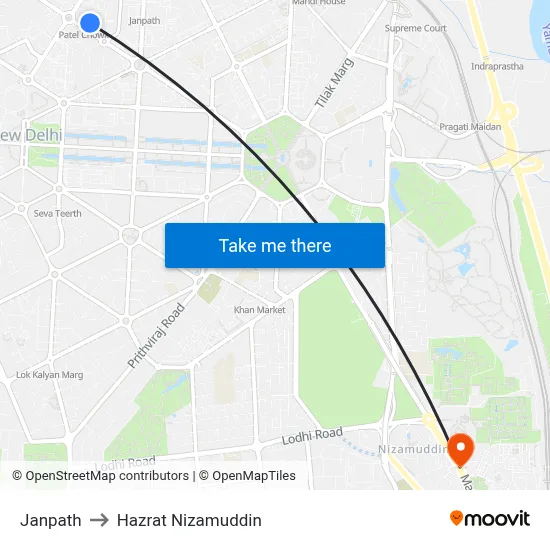 Janpath to Hazrat Nizamuddin map