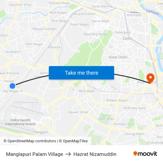 Manglapuri Palam Village to Hazrat Nizamuddin map
