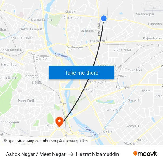 Ashok Nagar / Meet Nagar to Hazrat Nizamuddin map