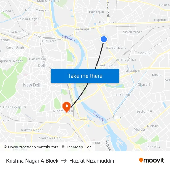 Krishna Nagar A-Block to हज़रत निज़ामुद्दीन map