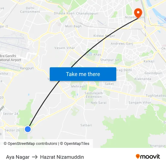 Aya Nagar to Hazrat Nizamuddin map