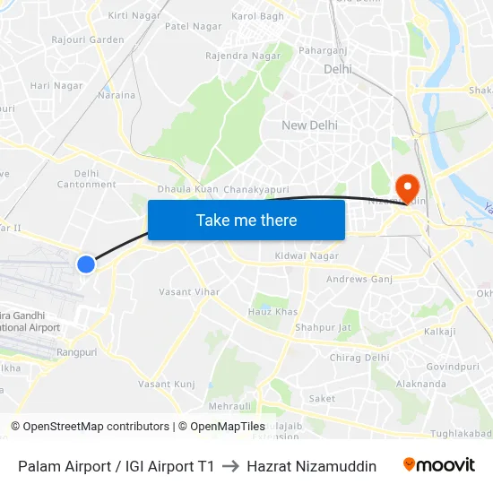 Palam Airport  / IGI Airport T1 to Hazrat Nizamuddin map