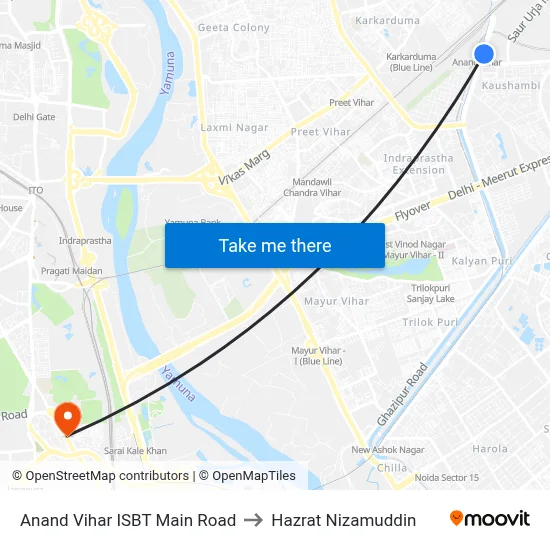 Anand Vihar ISBT Main Road to Hazrat Nizamuddin map