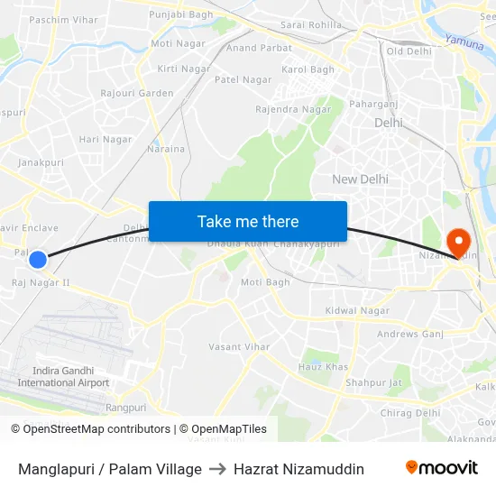 Manglapuri / Palam Village to Hazrat Nizamuddin map