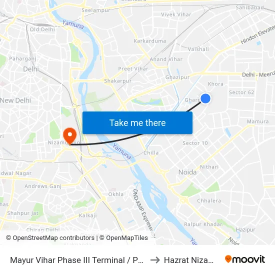 Mayur Vihar Phase III Terminal / Paper Market to Hazrat Nizamuddin map